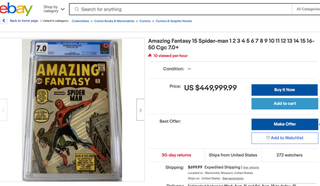 Ebay listing for Spider Man comic book