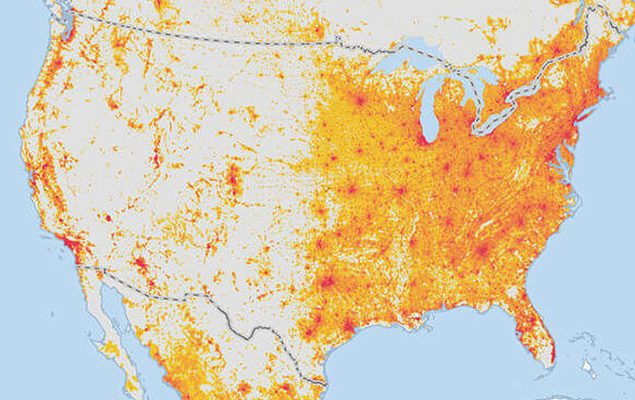Map showing population density of North America in 2020